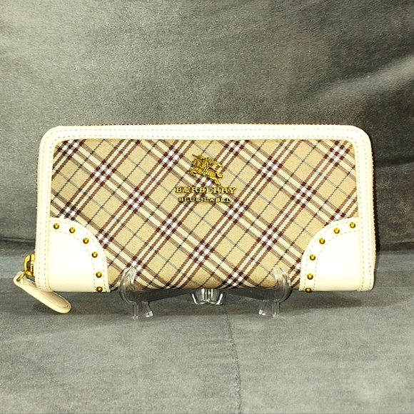 BURBERRY BLUE LABEL NOVA CHECK & WHITE LEATHER GOLD STUDS ZIPPY LONG WALLET - Picture 1 of 17